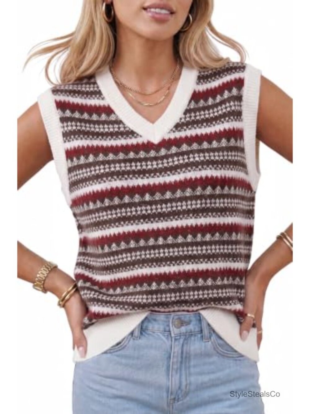 Wool Blend Sleeveless Knit Sweater Vest Vintage Jacquard V-Neck